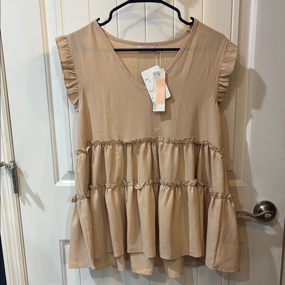 Source Unknown Tan Sleeveless Ruffled Blouse